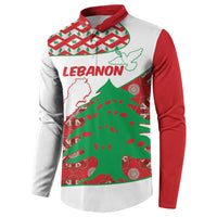 Button-up sweatshirt, side/front view; white body, red sleeves, Lebanon and cedar graphic.