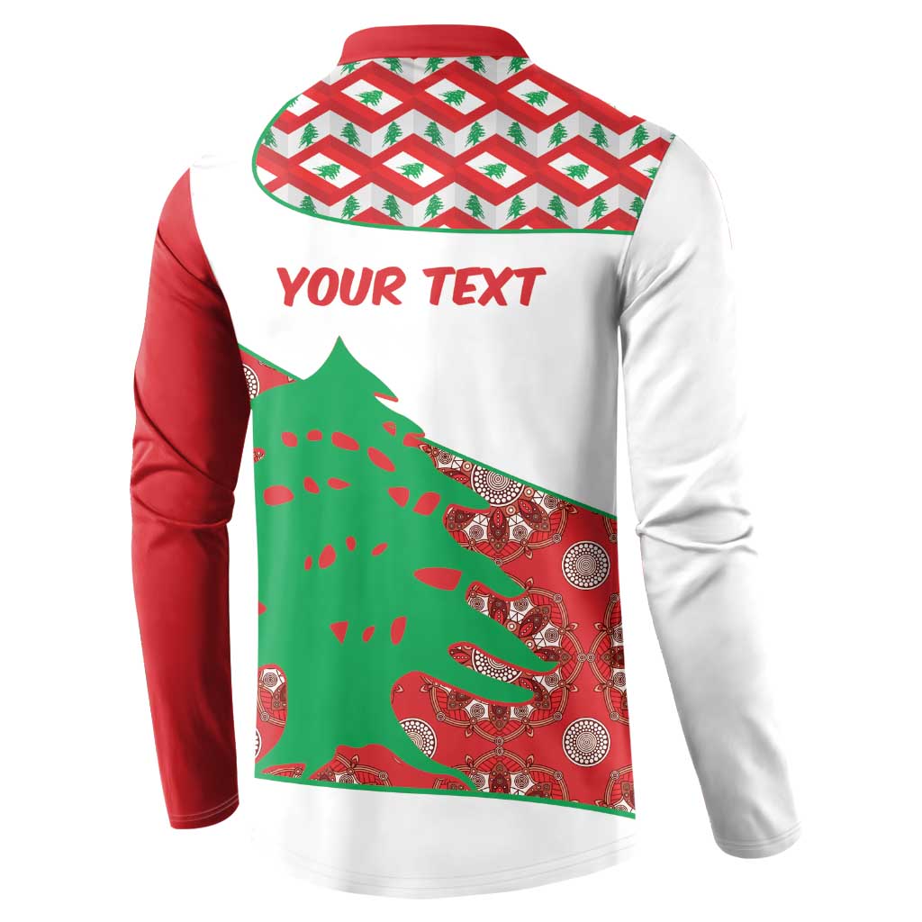 Button-up sweatshirt back; white with red sleeves, green cedar and 'YOUR TEXT' header.