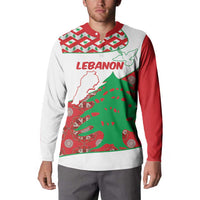 Button-up sweatshirt on model; white with red sleeves, Lebanon graphic with green cedar map.