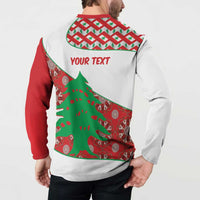 Button-up sweatshirt back on model; white with red sleeves, green cedar and 'YOUR TEXT'.