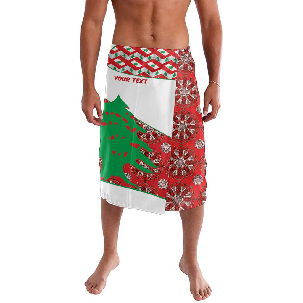 Red and white personalized lavalava with circular medallion pattern and green map, 'YOUR TEXT'
