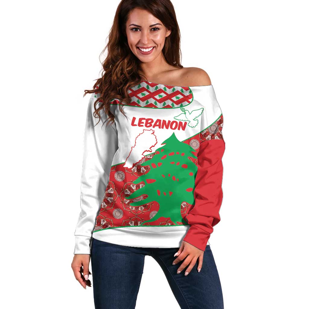 Personalised Lebanon Independence Day Off Shoulder Sweater Lebanese Map With Cedrus - Wonder Print Shop