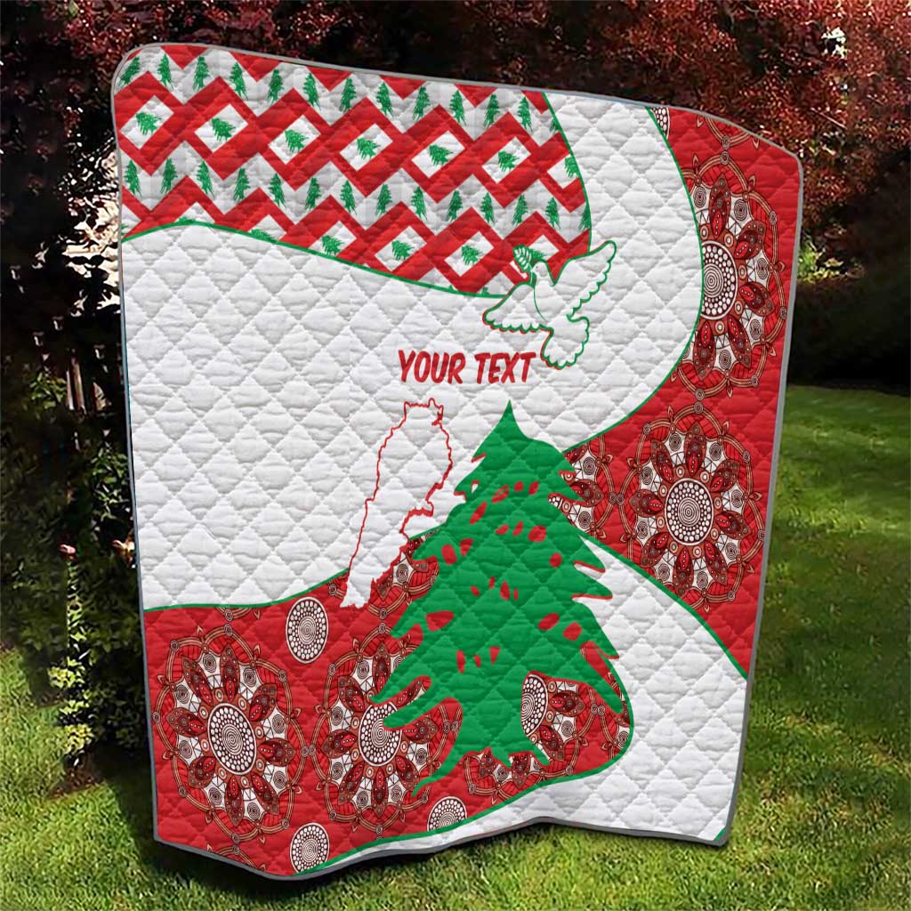 Square red, white, and green Lebanon quilt with cedar tree graphic and ornate side panel