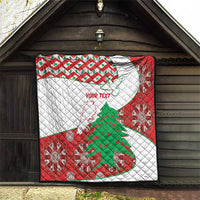 Personalized Lebanon map quilt hanging on porch, red border with medallion patterns