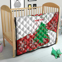 Baby crib quilt with red border, white center, Lebanon map, and green cedar tree graphic