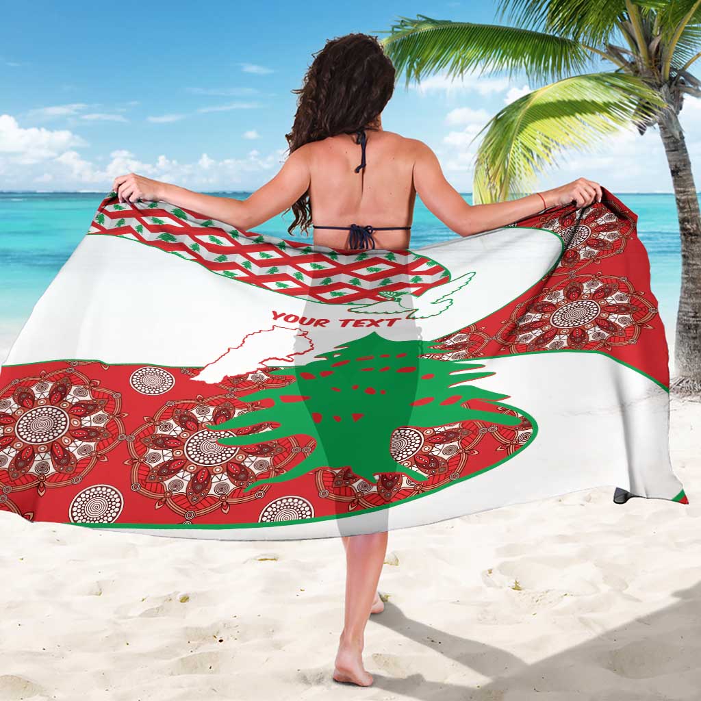 Sarong with red and green patterned medallions, Lebanese map, and your text