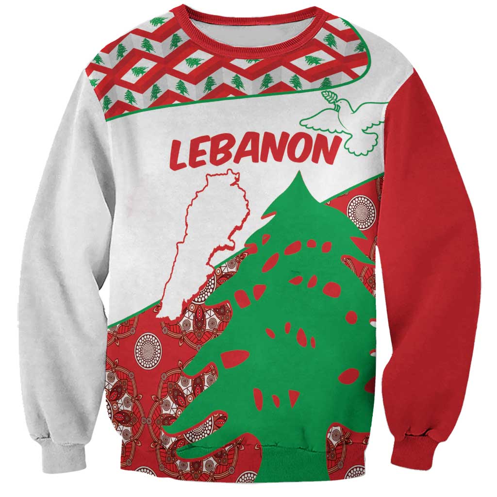 Unisex sweatshirt with Lebanon map and cedar tree graphic, red sleeves, white body