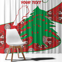 Close-up custom Lebanon curtain with Lebanese map, cedar tree, and red-green artwork