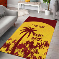 West Indies cricket area rug, yellow with maroon border, 'YOUR TEXT' and palm graphic