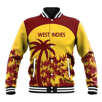 Gold and burgundy varsity baseball jacket with West Indies text and palm tree graphic