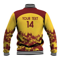 Back view varsity jacket in gold and burgundy with Your text 14 and palm trees