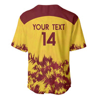 Yellow and maroon cricket jersey back with 'YOUR TEXT' and number 14