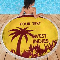 Gold round beach blanket with white fringe, West Indies palm artwork and “YOUR TEXT”