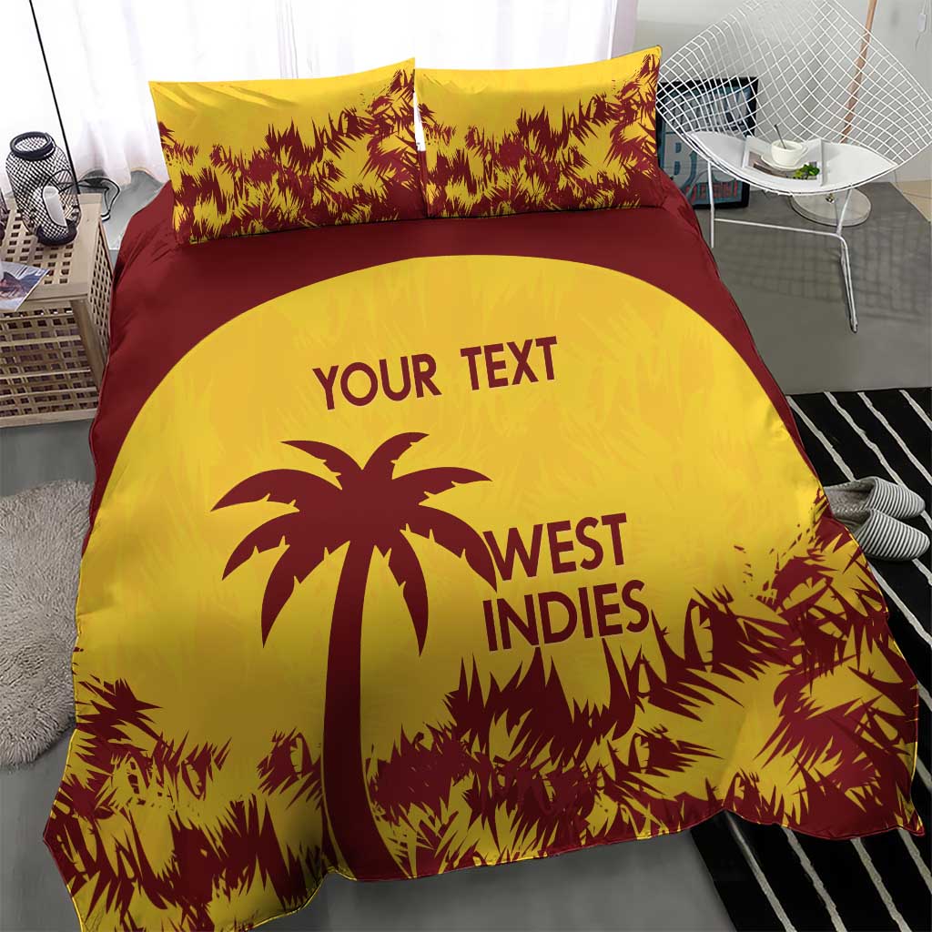 Gold West Indies cricket bedding set with large palm logo and maroon border, two pillows