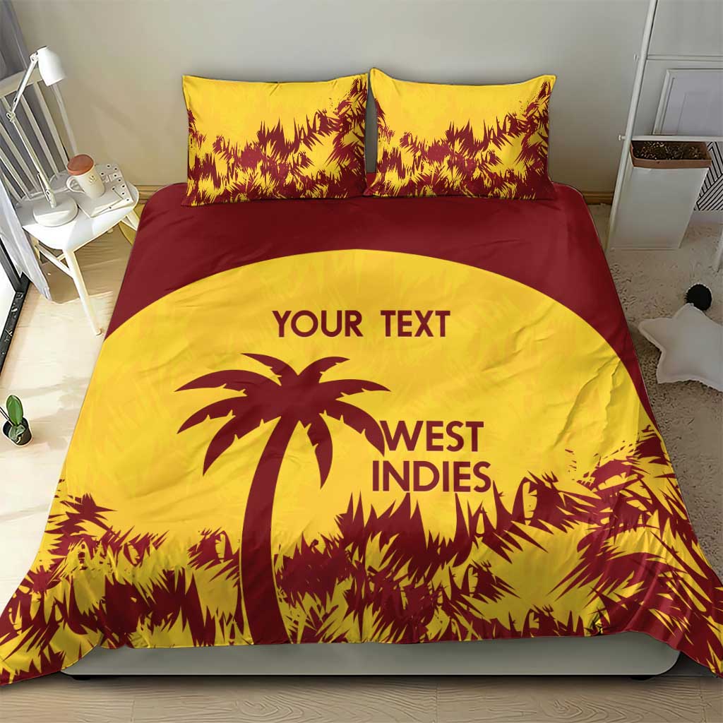 Gold West Indies cricket bedding set with palm logo on duvet and two matching pillowcases