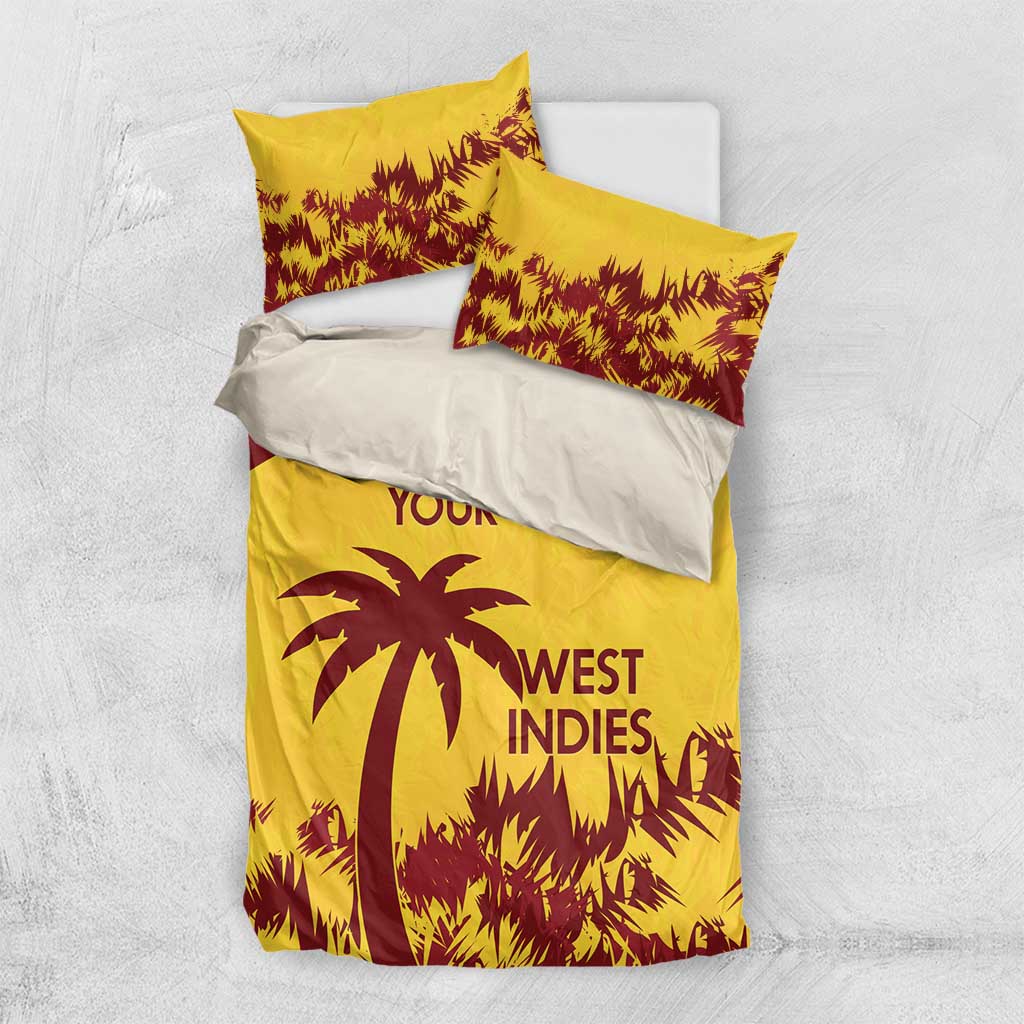 Gold West Indies cricket bedding set with palm logo on duvet and two matching pillows
