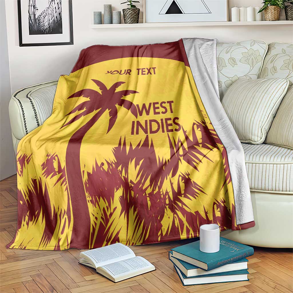 Gold and maroon West Indies cricket blanket, palm tree graphic and 'YOUR TEXT' on it