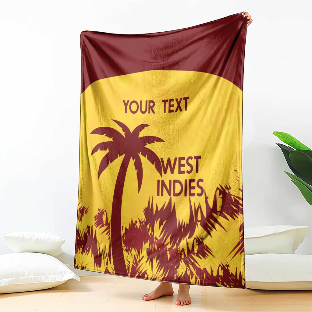 Draped West Indies cricket blanket in gold and maroon, palm tree with 'YOUR TEXT'