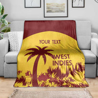 Folded-out West Indies cricket blanket, gold and maroon with palm tree and 'YOUR TEXT'