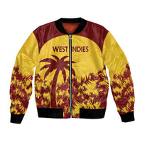 Gold and maroon West Indies bomber jacket with zip front, palm tree graphic, ribbed hem