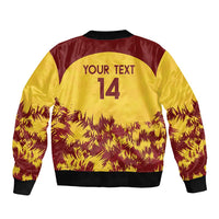 Back view bomber jacket, gold and maroon with palm pattern and 'YOUR TEXT 14' print, zip