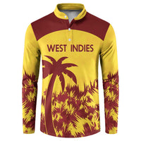 Men's cricket button sweatshirt, yellow and maroon with 'WEST INDIES' chest print.
