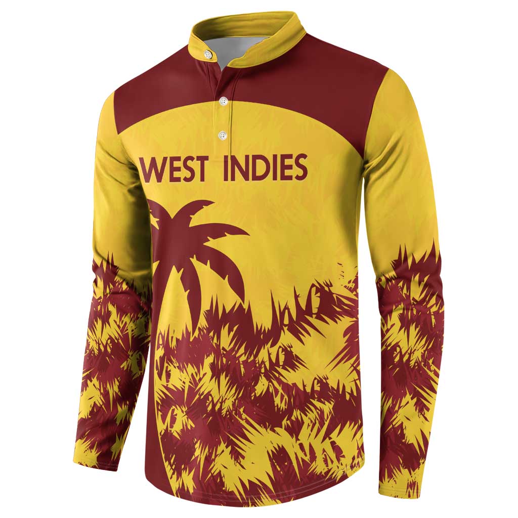 Men's cricket button sweatshirt, yellow and maroon with 'WEST INDIES' front and sleeves.