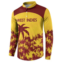 Men's cricket button sweatshirt, yellow and maroon with 'WEST INDIES' front and sleeves.
