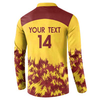 Men's cricket button sweatshirt back, yellow and maroon with 'YOUR TEXT 14' print.
