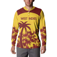 Men's cricket button sweatshirt on model, yellow and maroon with West Indies chest logo.
