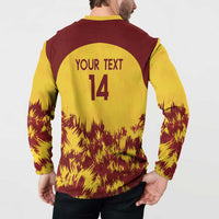 Men's cricket button sweatshirt back on model, yellow and maroon with 'YOUR TEXT 14'.