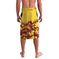 Gold cricket shorts with maroon flame pattern and elastic waistband