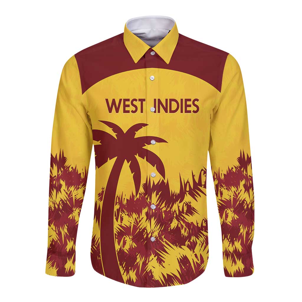 Gold long-sleeve button cricket shirt with maroon shoulder panels and West Indies graphic