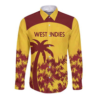 Gold long-sleeve button cricket shirt with maroon shoulder panels and West Indies graphic