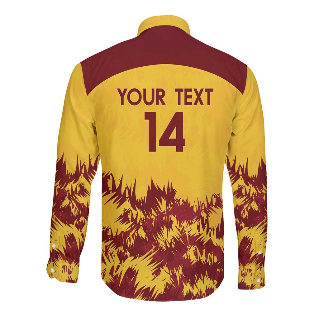 Gold long-sleeve button cricket shirt, back shows 'YOUR TEXT 14' and maroon graphics