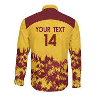 Gold long-sleeve button cricket shirt, back shows 'YOUR TEXT 14' and maroon graphics