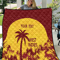 Maroon and yellow West Indies quilt with palm tree graphic and “YOUR TEXT” panel