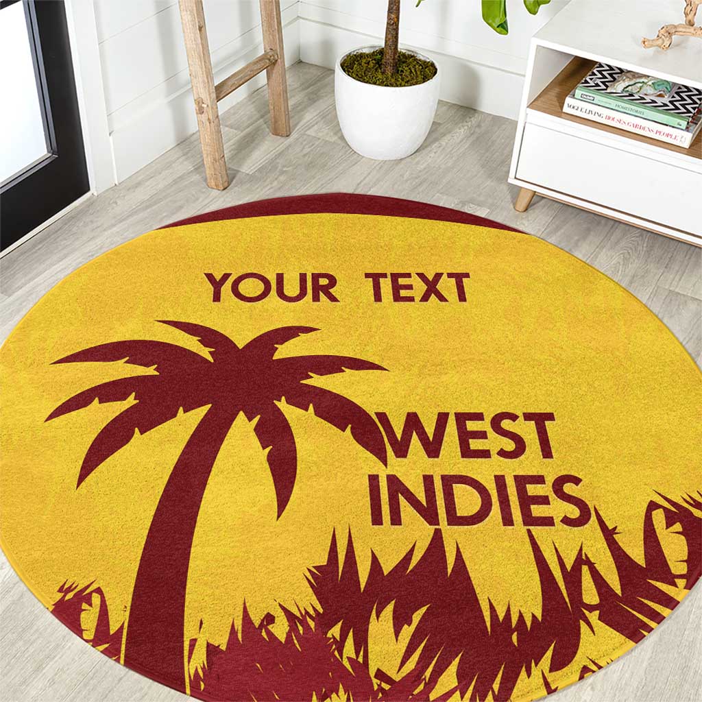 Gold round carpet with maroon palm graphic, West Indies text and YOUR TEXT