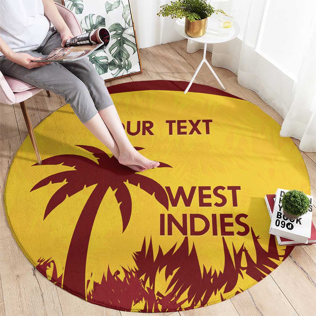 Gold round carpet with maroon palm and West Indies text, YOUR TEXT visible