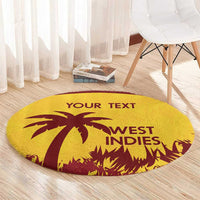 Gold round carpet with maroon palm and West Indies text, YOUR TEXT printed
