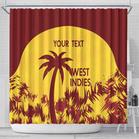 Shower curtain with maroon top border, yellow circle West Indies palm graphic and 'YOUR TEXT'.