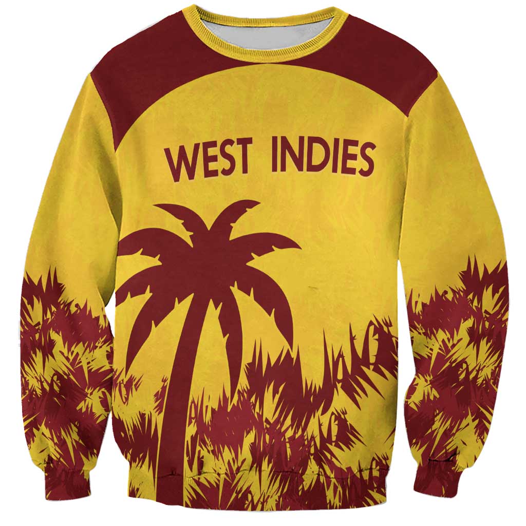 Gold and maroon crewneck sweatshirt with West Indies graphic and palm tree scene