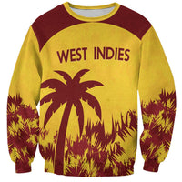 Gold and maroon crewneck sweatshirt with West Indies graphic and palm tree scene