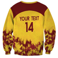 Gold and maroon crewneck sweatshirt back with YOUR TEXT and 14 numerals