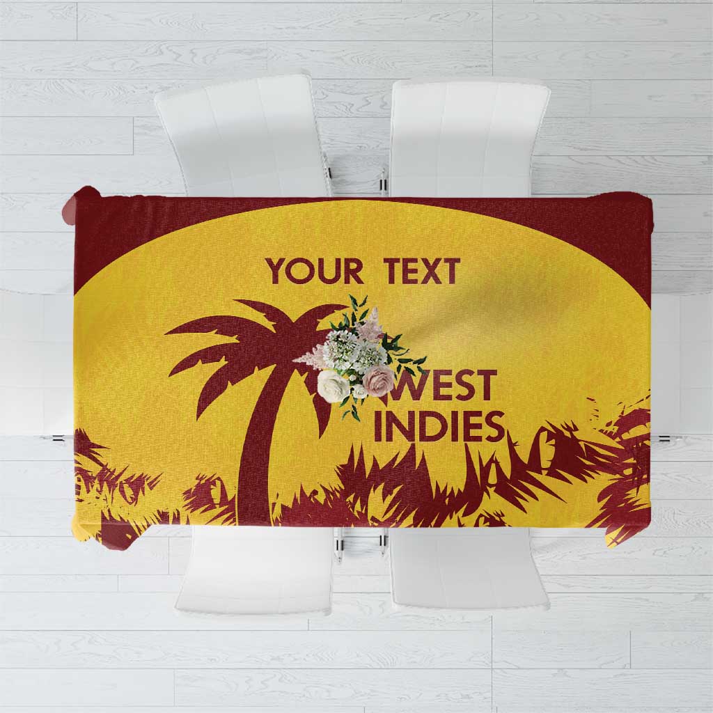 Gold and maroon cricket tablecloth with West Indies graphic and customizable text