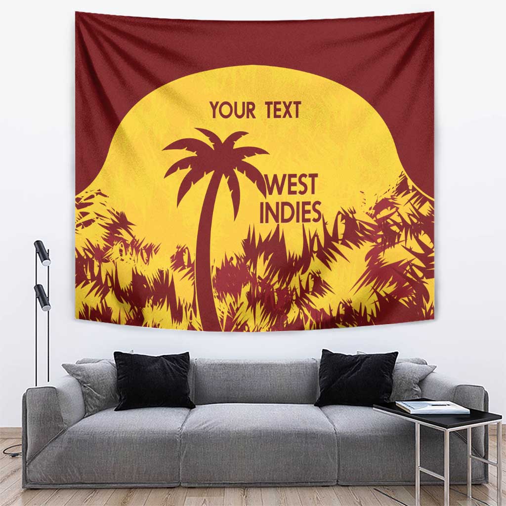 West Indies tapestry with burgundy fabric and yellow circle of palms, featuring 'YOUR TEXT'
