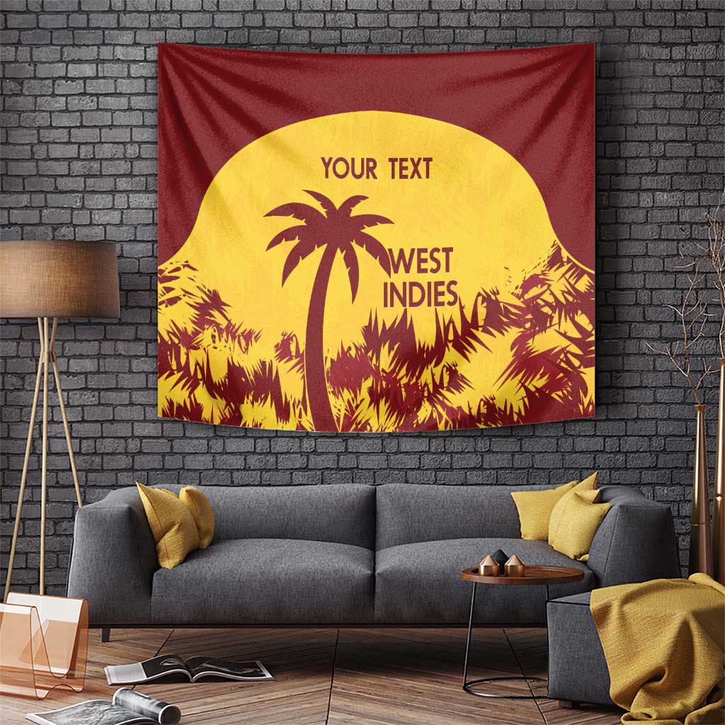 Custom West Indies tapestry on wall: burgundy fabric with yellow circle, palms, and 'YOUR TEXT'