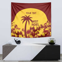 West Indies tapestry hanging on wall: burgundy background, yellow palm scene circle, and 'YOUR TEXT'