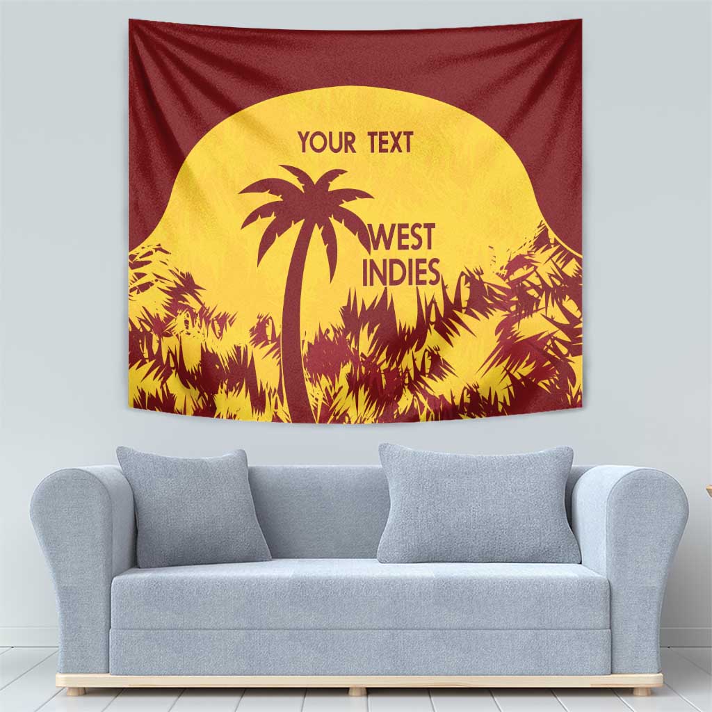 West Indies tapestry with burgundy edges and yellow palm landscape circle, plus 'YOUR TEXT'