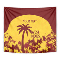 Close-up West Indies tapestry showing yellow palm circle on burgundy fabric, with 'YOUR TEXT'